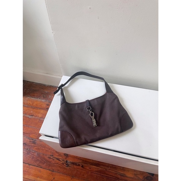 SOLD Vintage HTF Gucci jackie 1961 Brown Leather Canvas Silver Lobster clasp - Picture 1 of 15